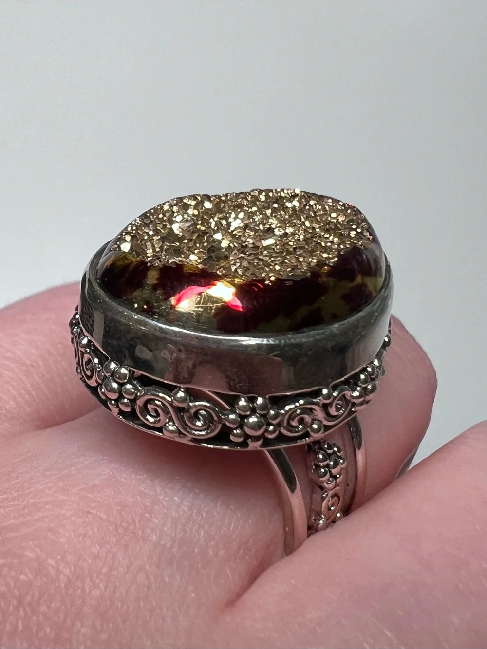 Sajen 925 Sterling Silver Gold Druzy Teardrop Bezel Cocktail Ring Size 6